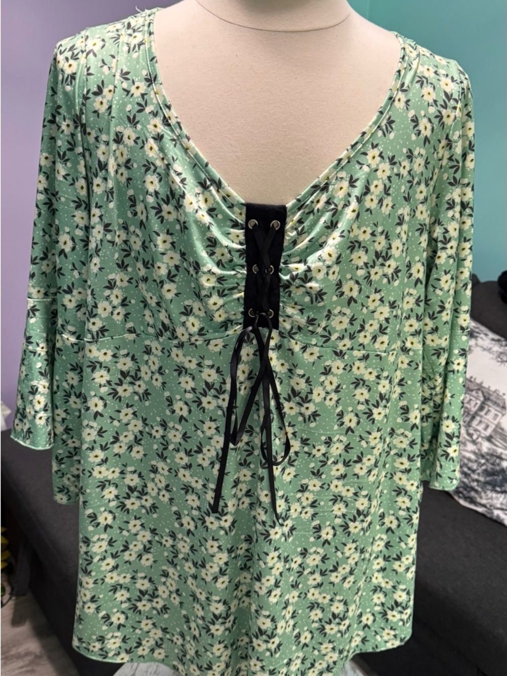 VERY FLATTERING- Floral Mock Lace-Up V-Neck Women's Top - Green